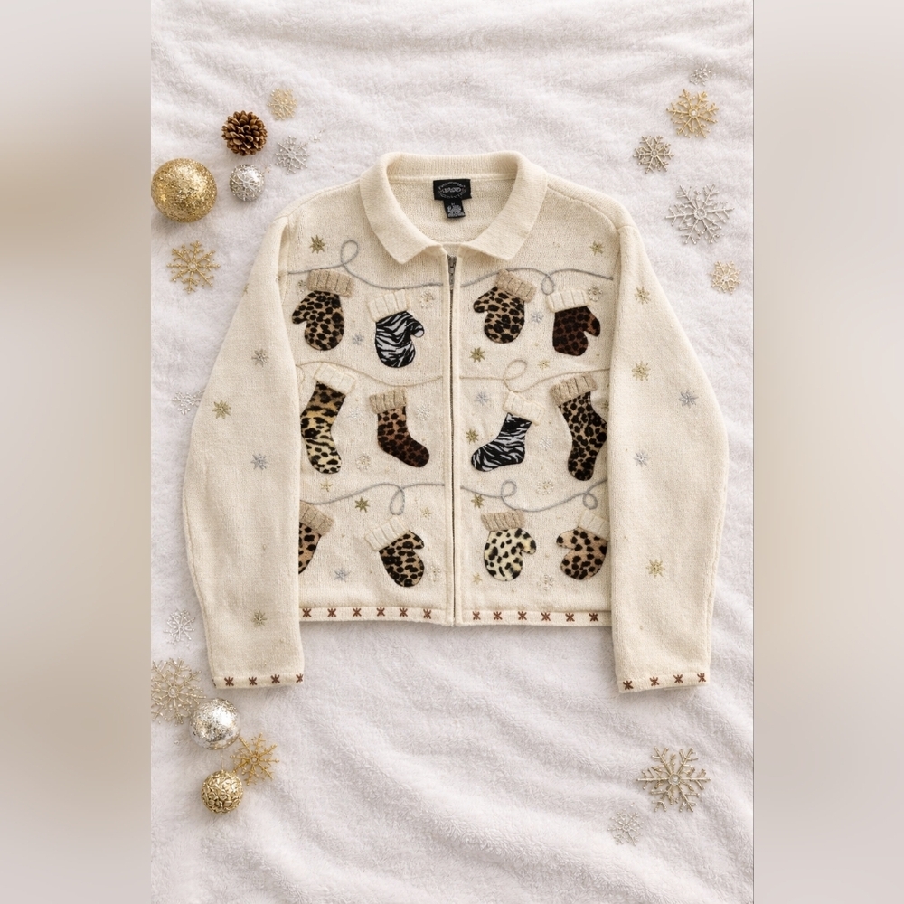 Designer Studio Animal Print Christmas Stocking Embellish Sweater Ladies Sz Med